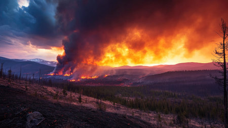 A sunset over a smoke-filled horizon, capturing the aftermath of wildfires fueled by climate change, with darkened skies and charred landの素材