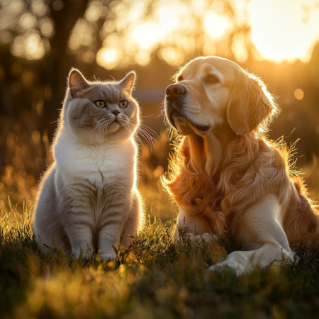 A British Shorthair cat leaning against a golden retriever as they sit together on the grass, with the setting sun casting long shadows.の素材