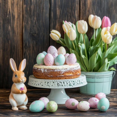 A charming Easter setup with a wooden background featuring pastel Easter eggs, a bunny figurine, tulips in full bloom, and a delicious holiday cake.の素材