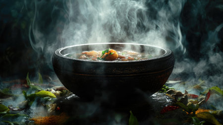 A steaming bowl of spicy shrimp soup set against a backdrop of Thai spices and herbs, emphasizing the rich flavors and culinary heritage of the dishの素材