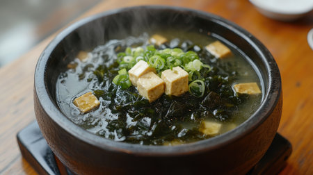 A steaming bowl of hot seaweed soup garnished with fresh green onions and tofu cubes, placed on a rustic wooden table, inviting viewers to enjoy this comforting dish.の素材
