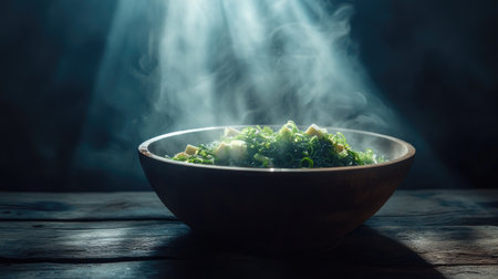 A steaming bowl of hot seaweed soup garnished with fresh green onions and tofu cubes, placed on a rustic wooden table, inviting viewers to enjoy this comforting dish.の素材