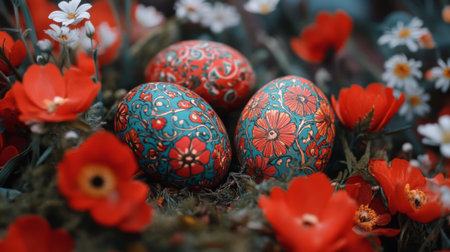 A close-up of Easter eggs with vibrant patterns and delicate designs, nestled among bright spring flowers.の素材