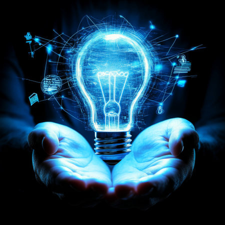 A close-up of hands holding a glowing light bulb, with floating digital data, innovation symbols, and futuristic lines emerging from it.の素材