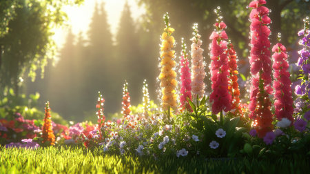 A vibrant flower garden captured in the early morning, with droplets of water clinging to the petals, creating a refreshing and lively atmosphereの素材