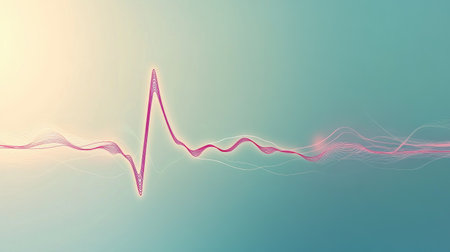 A stylized graphic of an EKG heartbeat waveform, showing sharp peaks and valleys, overlaid on a soft blue background, representing health and rhythmの素材