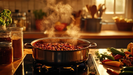 A warm, inviting kitchen scene where a pot of chili is being simmered, surrounded by an array of spices and fresh ingredients, depicting the heart of home cooking.の素材