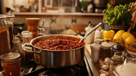 A warm, inviting kitchen scene where a pot of chili is being simmered, surrounded by an array of spices and fresh ingredients, depicting the heart of home cooking.の素材