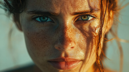 Close-up of a woman with a thoughtful expression, her eyes reflecting depth and beauty, warm tones creating an inviting and serene atmosphereの素材