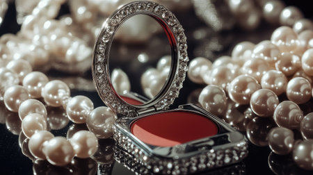 Compact mirror and lipstick on a reflective surface, surrounded by pearls, soft lighting, classic and timeless eleganceの素材