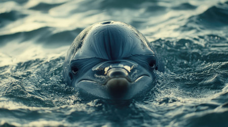 Close-up of a dolphin's face peeking above the water, its playful expression reflecting curiosity, with gentle waves creating a serene backdropの素材
