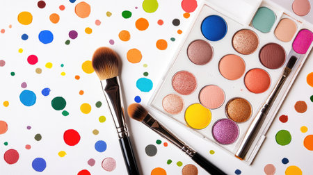 Eyeshadow palette with bold colors and makeup brushes, vibrant flat lay, trendy and colorful, on a white backgroundの素材