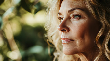 Close-up of a mature woman's face with smooth skin, natural light highlighting subtle lines, gentle and radiant complexionの素材
