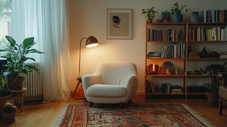 Cozy nook in a minimalist living room with a small reading area, featuring a simple armchair, bookshelf, and soft lighting, peaceful ambianceの素材