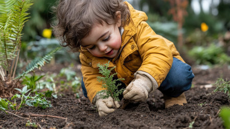 A young child planting a tiny tree in a garden, showcasing the importance of educating the next generation about the value of trees and natureの素材