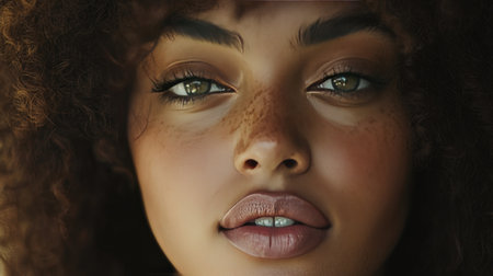 Close-up of a woman with striking features and a confident expression, soft makeup highlighting her eyes and lips, elegant and sophisticated lookの素材