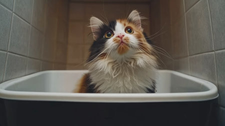 Fluffy calico cat sitting inside a clean litter box, looking up with alert eyes, soft, natural lightingの素材