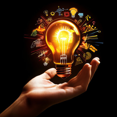 A hand of a man holding a glowing light bulb, with innovative and inspiring elements like light trails and digital icons radiating outward.の素材