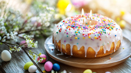 A festive Easter spread with a Kulich cake topped with glaze and colorful sprinkles, accompanied by willow branches and decorative candles.の素材