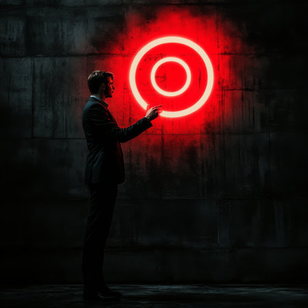 A dramatic shot of a young businessman in a dark setting, illuminated by a bright red target icon as he reaches to interact with it.の素材