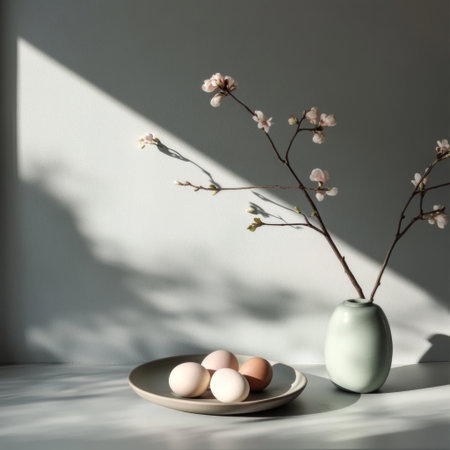 A minimalist kitchen scene with Easter eggs on a plate, surrounded by delicate spring flowers, and soft shadows on the wall creating a peaceful atmosphere.の素材