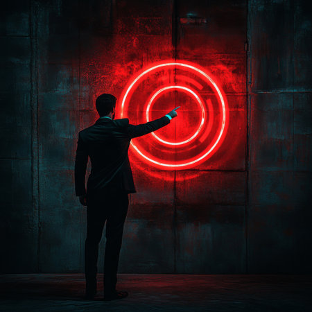 A dramatic shot of a young businessman in a dark setting, illuminated by a bright red target icon as he reaches to interact with it.の素材