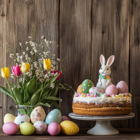 A festive Easter composition with a wooden background featuring a cake, an Easter bunny figurine, colorful eggs, tulips, and delicate spring branches.の素材