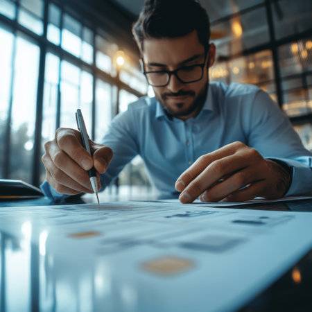 A focused businessman ticking off a quality checklist at his desk, with a digital workflow interface overlay in the background.の素材