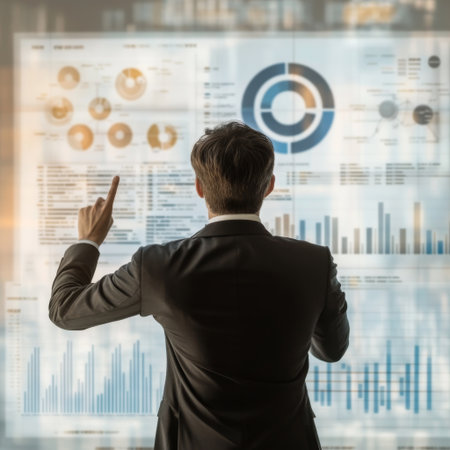 A formal businessman pointing to a large target projected on a wall, with graphs and financial data complementing the background.の素材