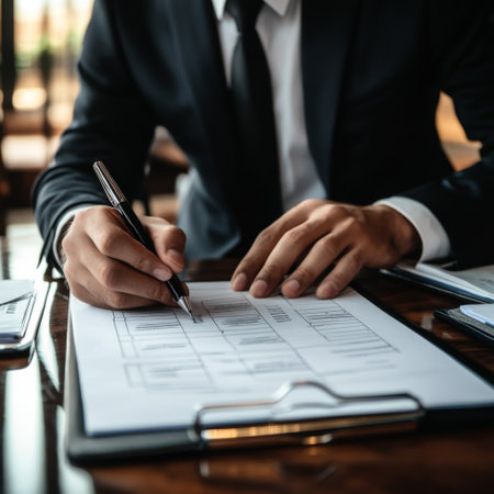 A formal businessman sitting at a desk, marking a quality checklist with a pen, surrounded by organized files and stationary.の素材