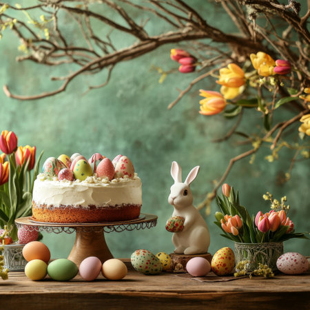 A joyful Easter scene with a wooden table displaying a cake, colored Easter eggs, a bunny, and tulips, with branches framing the composition.の素材