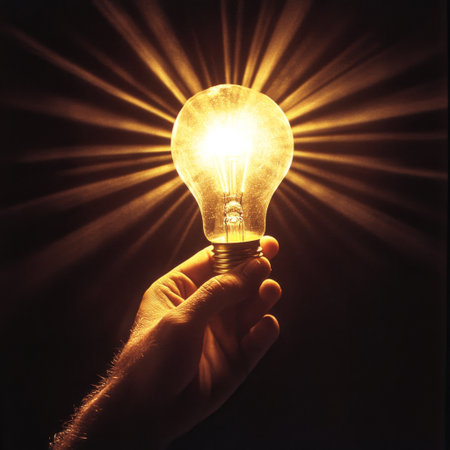 A professional mans hand holding a glowing light bulb, with light rays emanating from it, symbolizing an innovative breakthrough.の素材