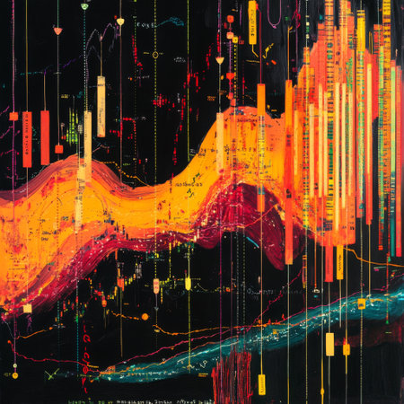 A financial analysts perspective with vibrant candlestick patterns and abstract global trading graphs.の素材