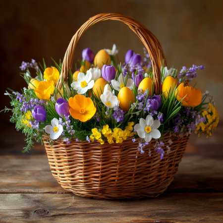 A large, vibrant Easter basket overflowing with colorful eggs and delicate spring flowers like buttercups and crocuses.の素材