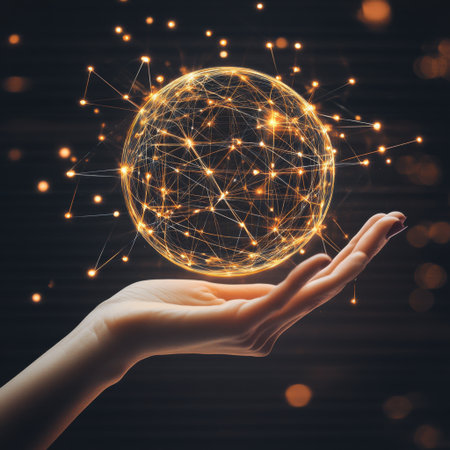 A professional womans hand reaching for a glowing digital sphere, with network nodes and circuit-like patterns radiating outward on a dark backdrop.の素材