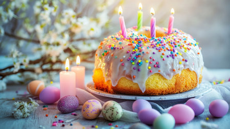 A freshly glazed Easter Kulich cake with rainbow-colored sprinkles, accompanied by willow branches and festive candles on a spring-inspired table.の素材