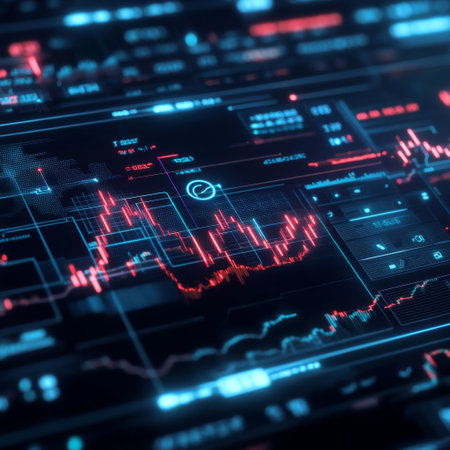 A futuristic stock market interface with holographic trend lines, global currency symbols, and dynamic chart animations.の素材