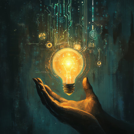A pair of hands gently holding a glowing light bulb, with futuristic communication icons and digital patterns emerging from it.の素材