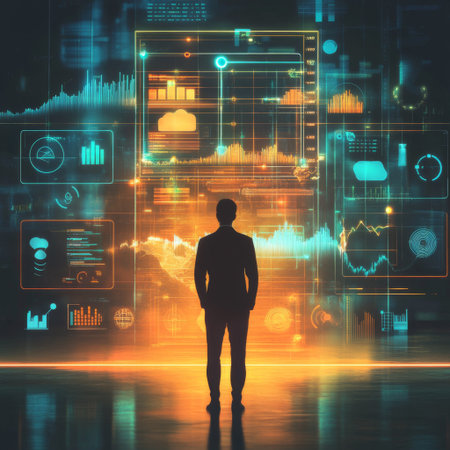 A professional standing in front of a glowing financial growth chart, with symbols of technology such as AI icons and cloud servers in the background.の素材