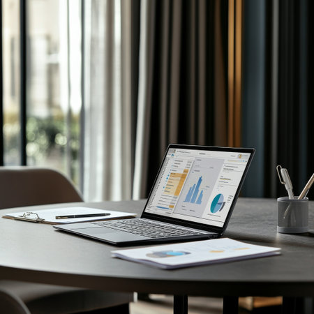 A meeting room setup with a laptop showing a financial planning dashboard, accompanied by documents and a pen for strategy discussions.の素材