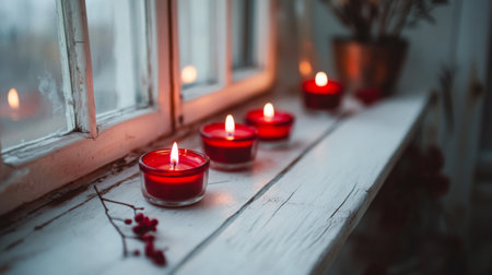 A romantic and serene scene with red candles on a white wooden table, creating a peaceful and intimate atmosphere filled with love and warmth.の素材