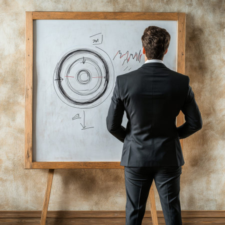 A professional businessman standing in front of a whiteboard with a hand-drawn target and charts, emphasizing a business strategy concept.の素材