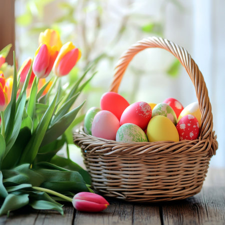 A peaceful, cozy scene with a wicker basket full of bright Easter eggs, surrounded by fresh tulips and soft green leaves on a wooden table.の素材