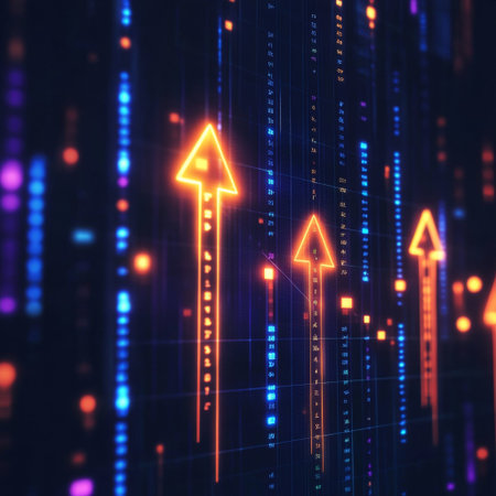 A minimalist abstract background of financial charts with glowing arrows representing market movement and growth.の素材
