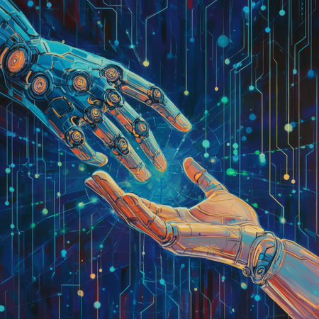 A human hand and a robot hand meeting halfway, surrounded by digital data points and AI-related graphics symbolizing advanced technology.の素材