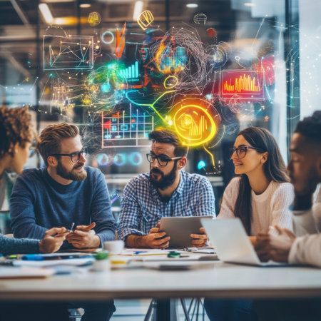A group of professionals brainstorming together in a modern office, with colorful digital elements and creative symbols floating above their heads.の素材