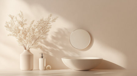 A minimalist bathroom sink with a stylish, circular mirror above it, against a calm, neutral background.の素材
