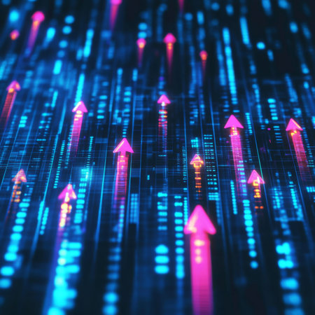 A minimalist abstract background of financial charts with glowing arrows representing market movement and growth.の素材