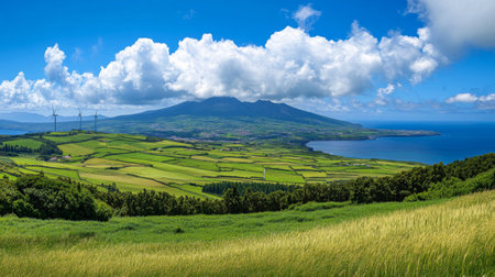 A panoramic shot of wind turbines on Terceira Island, Azores, against the backdrop of Fonte do Bastardo, representing a clean energy initiative.の素材