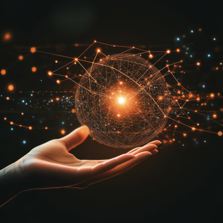 A professional womans hand reaching for a glowing digital sphere, with network nodes and circuit-like patterns radiating outward on a dark backdrop.の素材
